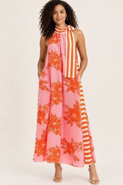 Entro Women’s M Pink Orange Floral Striped Halter Maxi Dress Scarf Tie NWT